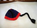 Beanie Style Blue and Red Hat With Black Yarn Braid