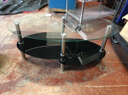 37" Oval  Glass Coffee Table w/2 Shelves Black and Stainless Base