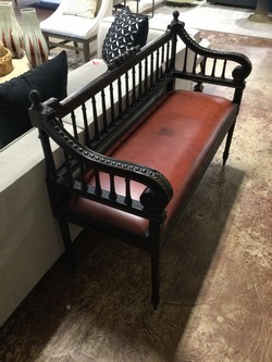 Maitland Smith Bench / black carved wood / red leather 52 x 20 x 36