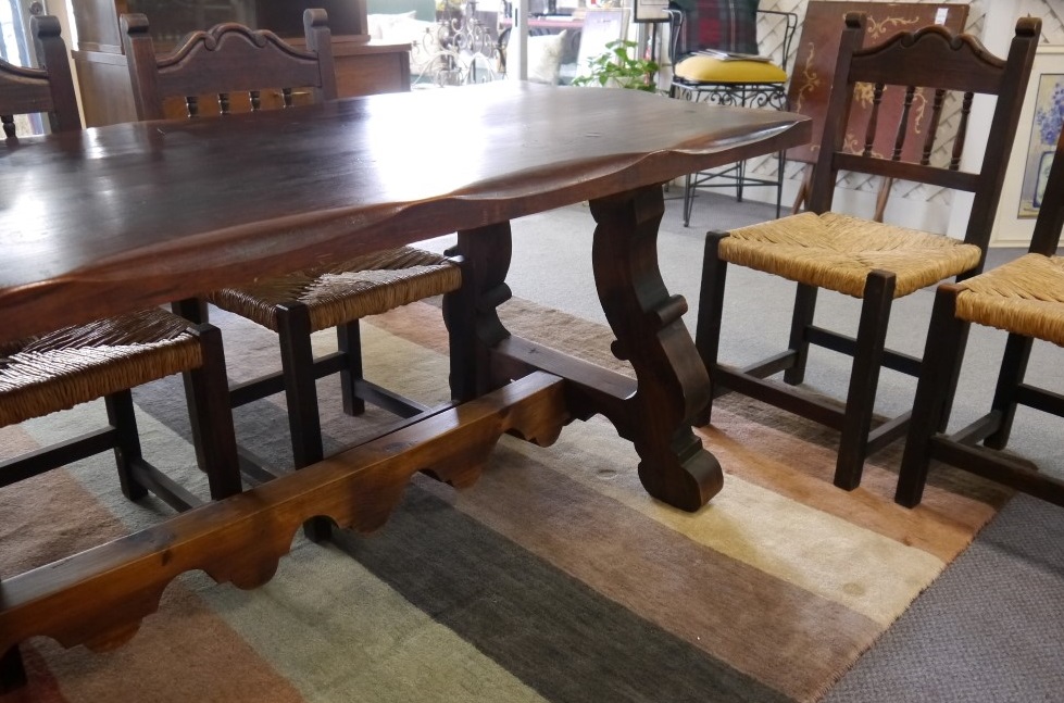 Handmade Trestle Style Dining Room Table, Pine, w/ 6 Chairs ... Handmade Trestle Style Dining Room Table, Pine, w/ 6 Chairs ...