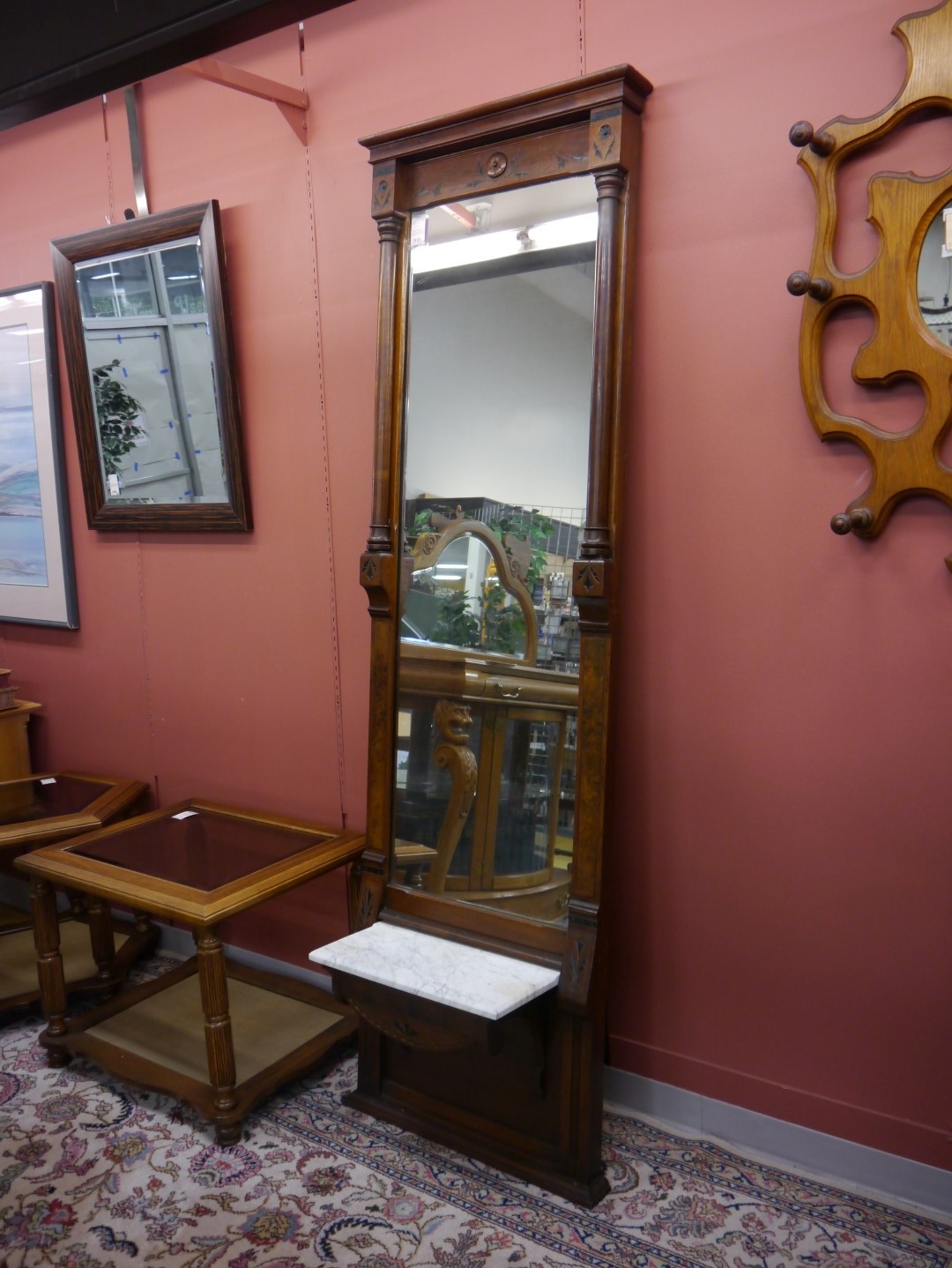 Wall Mirror With Shelf vintage wall mirror, walnut, full length, shelf with marble top Wall Mirror With Shelf vintage wall mirror, walnut, full length, shelf with marble top